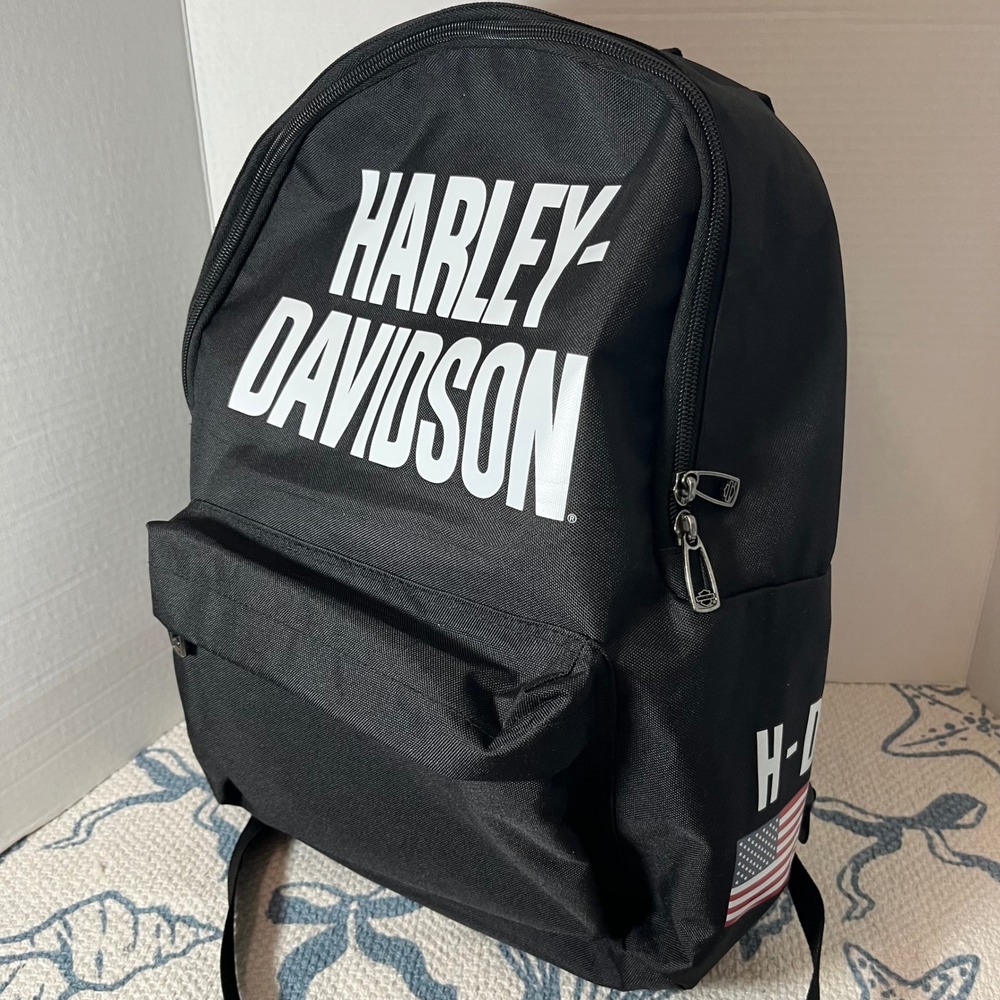 NWT Harley-Davidson Black Backpack rugged American Flag Logo Padded Biker Bag